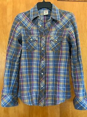 True Religion 100% Cotton Flannel Plaid Western Snap Cowgirl Rodeo Shirt Sz XS